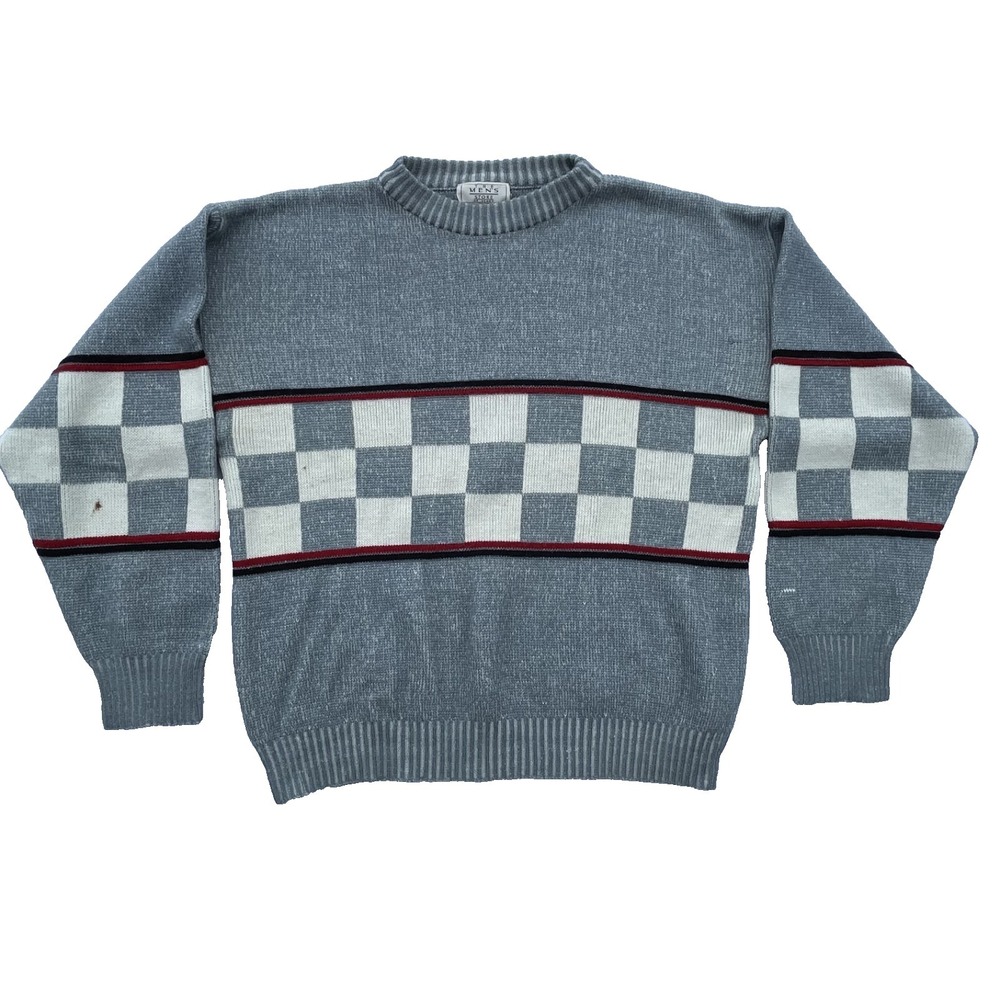 Vintage 80s 90s Mens Sweater Pullover Medium Cosby Checkerboard Crew Neck Knit